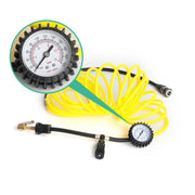 Pressure gauge with yellow air hose on Giantz 12V portable premium air compressor