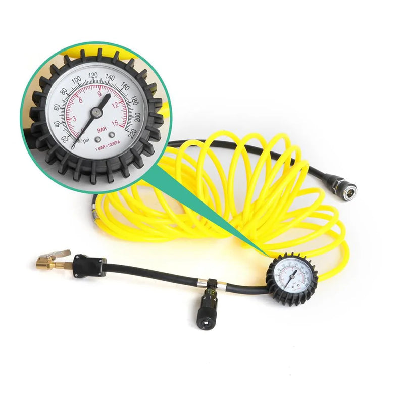 Pressure gauge with yellow air hose on Giantz 12V portable premium air compressor