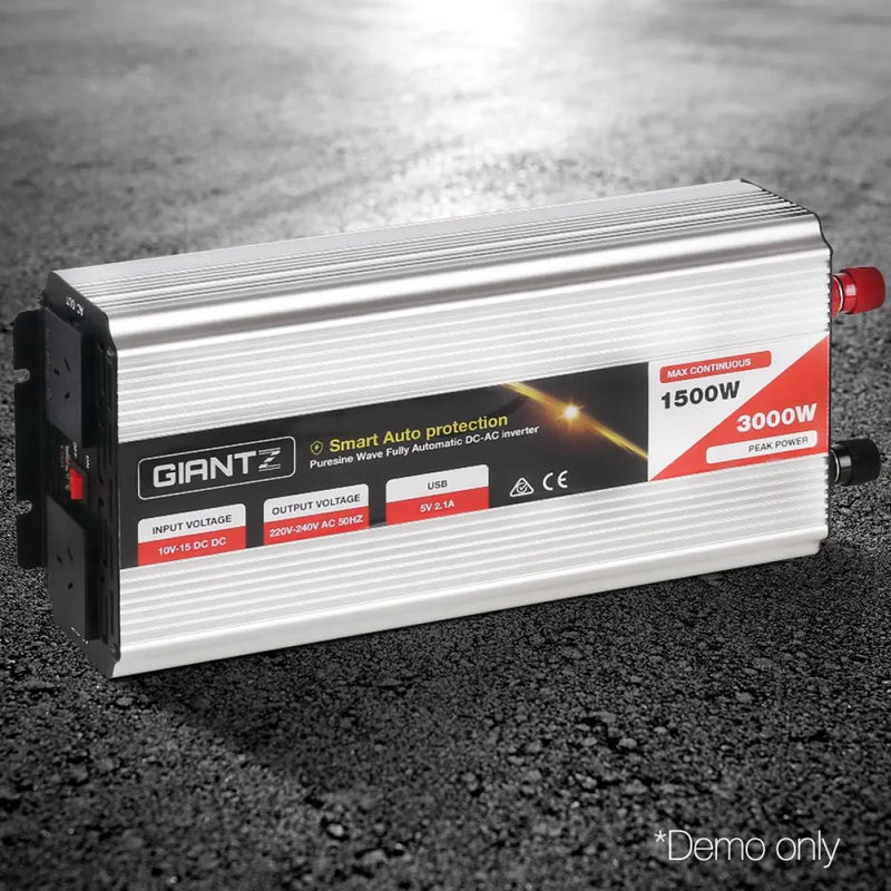 Power inverter with 1500W capacity and silver casing, Giantz 1500W Puresine Wave DC-AC
