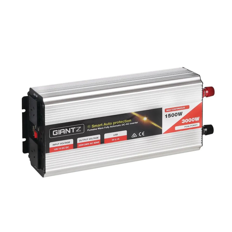 Power inverter with silver casing and red accents, 1500W Puresine Wave Display