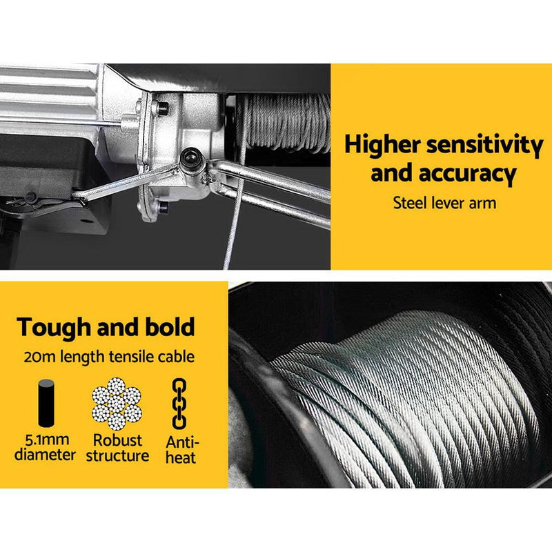 Steel cable hoist winch with lever arm for enhanced accuracy in Giantz 1600w electric hoist winch