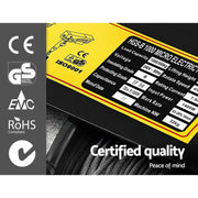 Yellow and black hoist winch label with certification marks and specs for Giantz electric hoist
