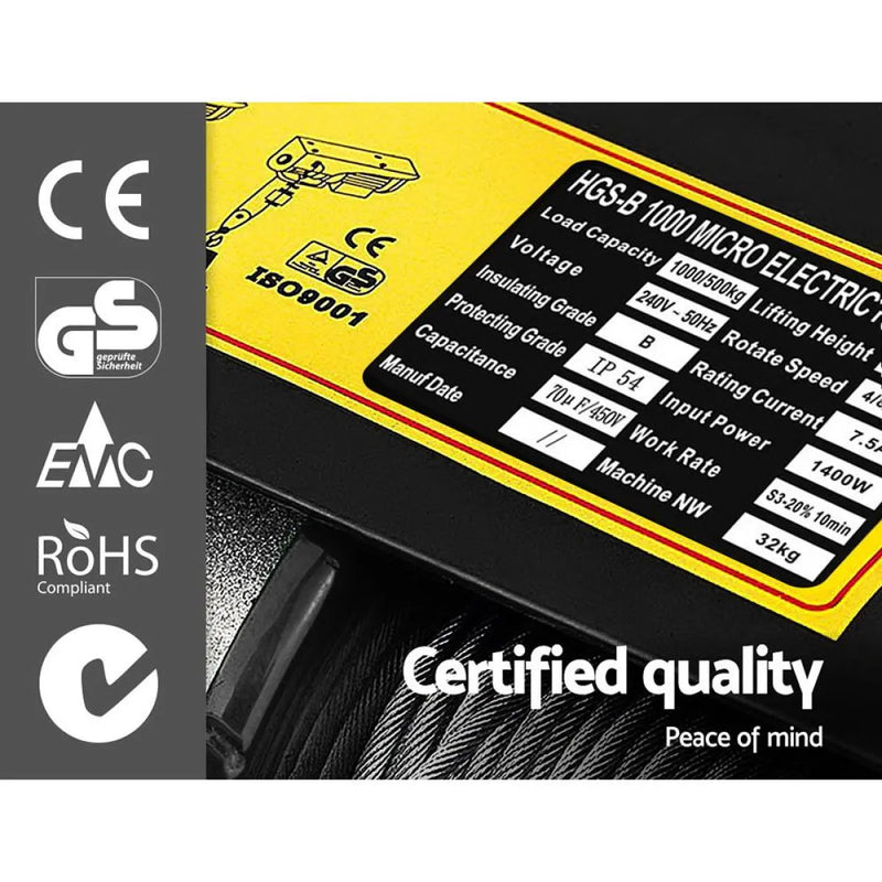 Yellow and black hoist winch label with certification marks and specs for Giantz electric hoist