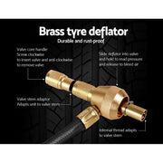 Brass tyre deflator tool with pressure gauge valve and labeled parts for easy use