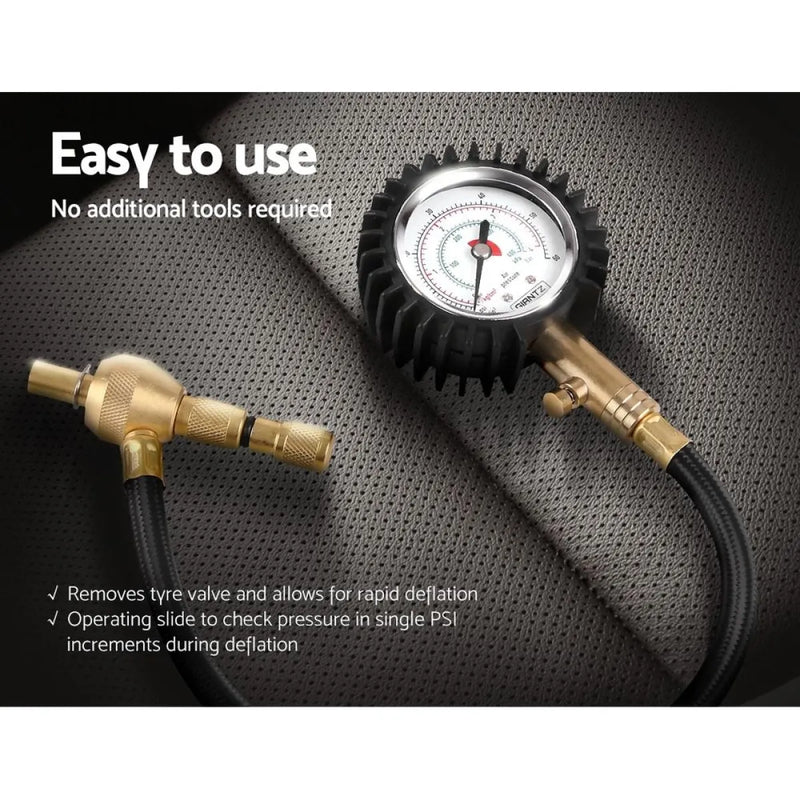 Giantz 2-in-1 Tyre Deflater with Pressure Gauge Valve and attached hose for easy inflating