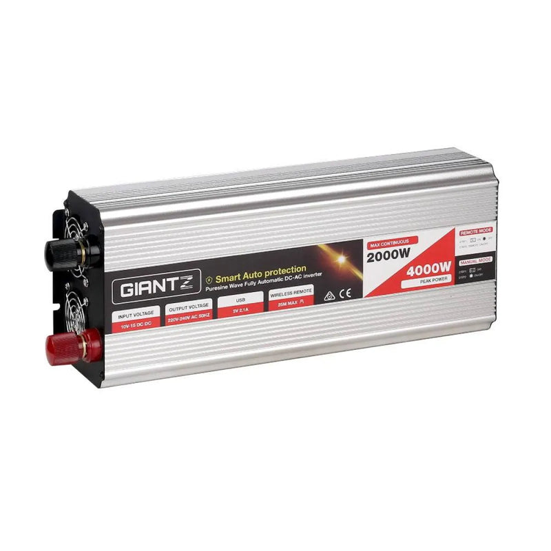 Giantz 2000W Pure Sine Wave Power Inverter with silver metallic casing and red accents