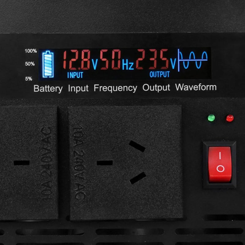 Digital display panel of Giantz 3000W Puresine Wave DC-AC Power Inverter showing battery, input, and output info