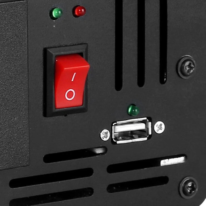 Red power switch on Giantz 3000W Puresine Wave DC-AC Power Inverter panel with indicator lights
