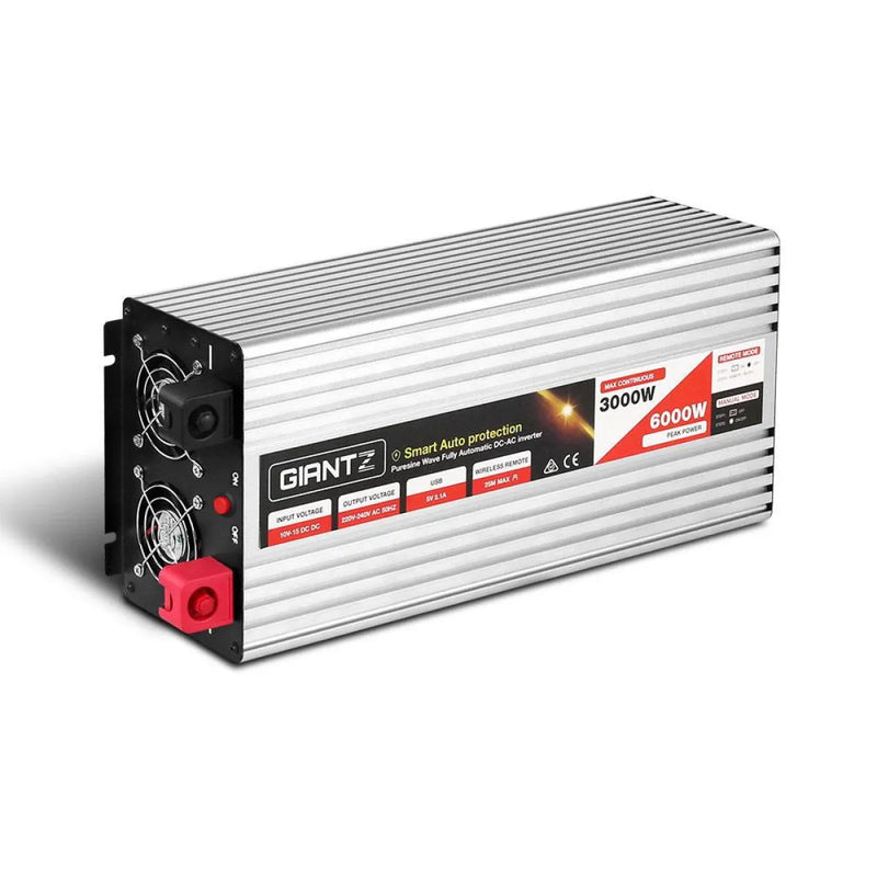 Power inverter with silver aluminum casing and red accents, 3000W Puresine Wave for reliable power
