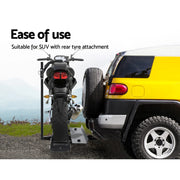 Giantz Motorcycle Carrier Rack with wheel chock mounted on SUV rear using 2-inch towbar arm