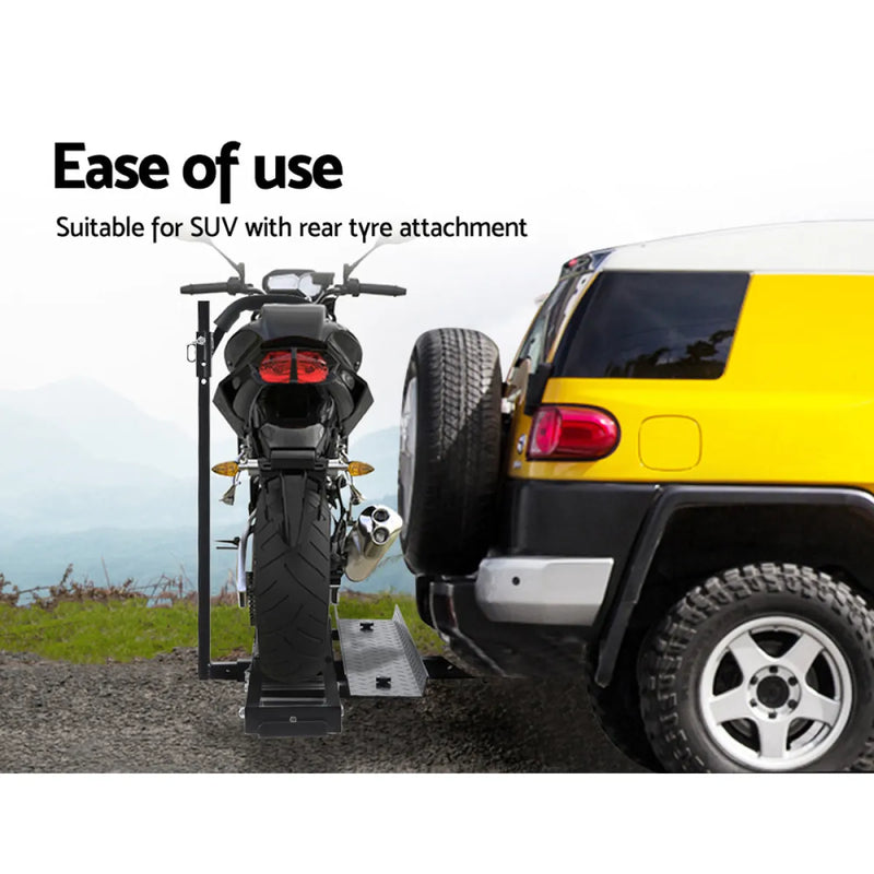 Giantz Motorcycle Carrier Rack with wheel chock mounted on SUV rear using 2-inch towbar arm