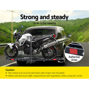 Giantz Motorcycle Carrier with wheel chock attached to vehicle towbar, holds up to 227kg