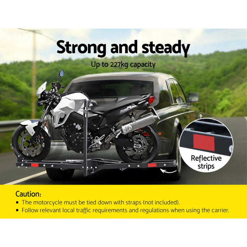 Giantz Motorcycle Carrier with wheel chock attached to vehicle towbar, holds up to 227kg