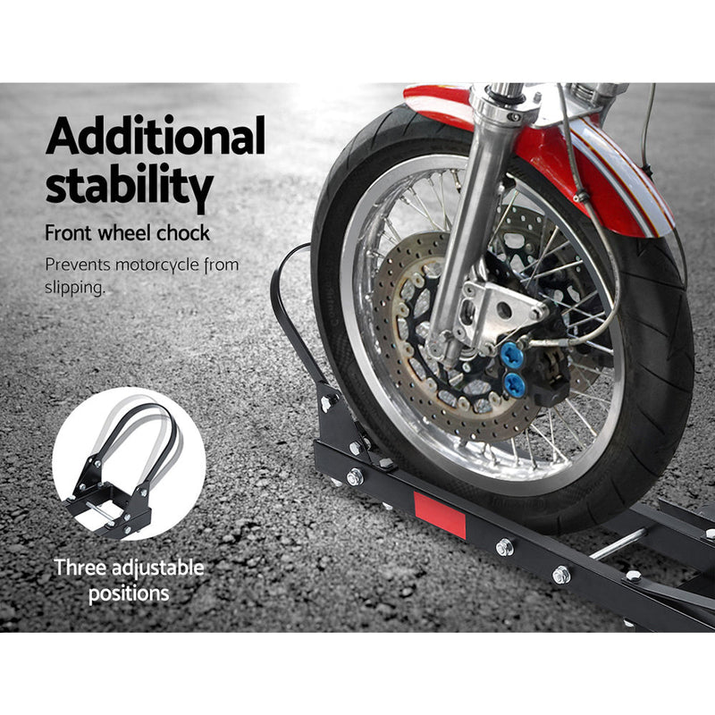 Motorcycle carrier with wheel chock securing front wheel of motorcycle in Giantz Motorcycle Carrier Rack