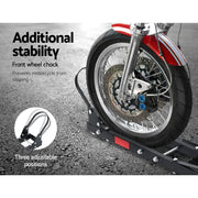 Motorcycle carrier with wheel chock securing front wheel of motorcycle in Giantz Motorcycle Carrier Rack
