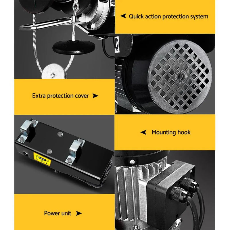 Electric hoist with labeled safety features and components for Giantz Premium 1300w hoist winch