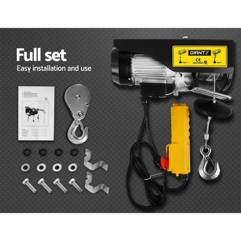 Electric hoist with double rope, installation hardware, and manual for Giantz Premium 1300w Black Electric Hoist Winch | 400/800kg