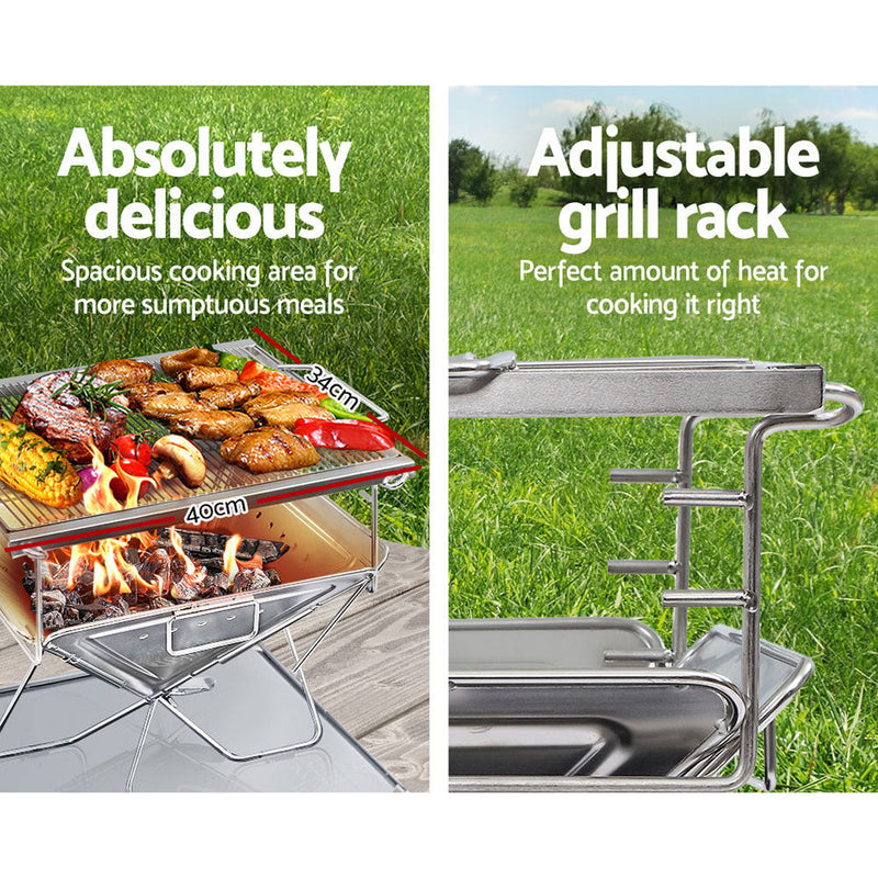 Stainless steel Grillz Portable Camping Fire Pit with adjustable rack and spacious BBQ surface