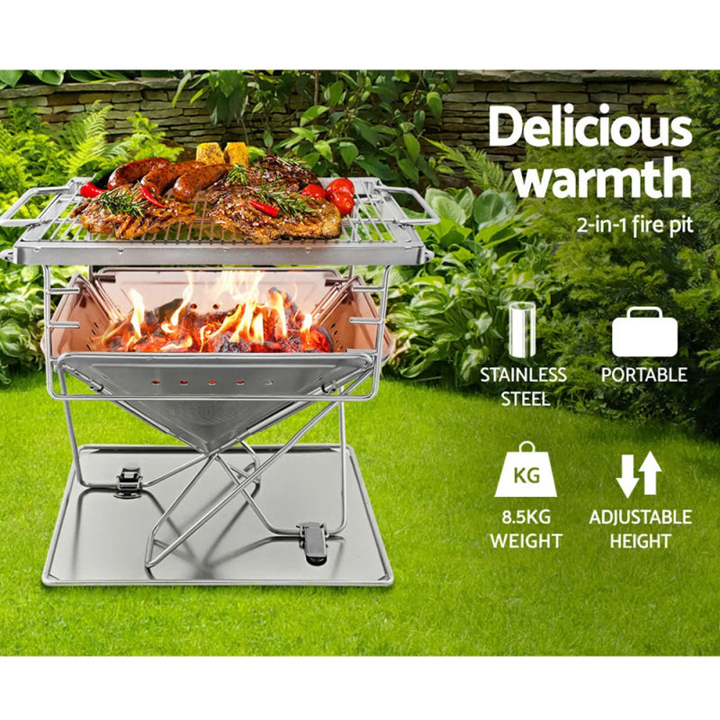 Portable stainless steel fire pit and grill with adjustable height and grilled food for Grillz Portable camping BBQ