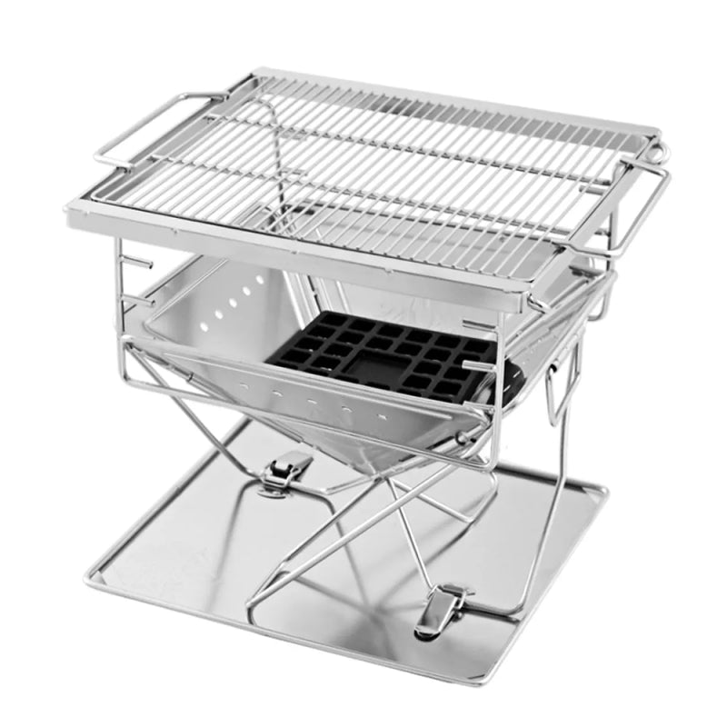 Portable stainless steel pit BBQ with folding legs and multiple surfaces for Grillz Portable