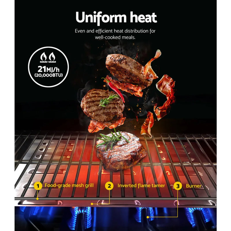 Stainless steel Grillz Portable LPG Gas BBQ with meat cooking over flames