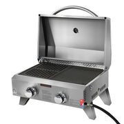 Portable stainless steel gas BBQ with two burners and open lid for outdoor grilling