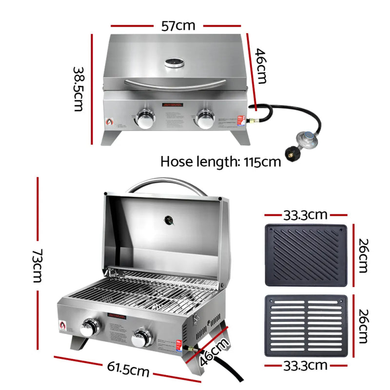 Portable stainless steel gas bbq with two burners and lid from Grillz Portable LPG Gas BBQ