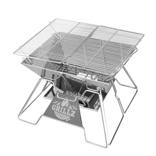 Portable folding charcoal grill with wire grate for compact 2-in-1 camping and BBQ trips