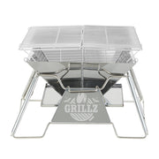 Portable folding stainless steel barbecue grill with Grillz branding for compact 2-in-1 camping days