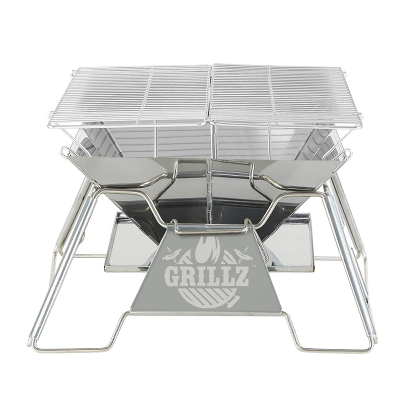 Portable folding stainless steel barbecue grill with Grillz branding for compact 2-in-1 camping days