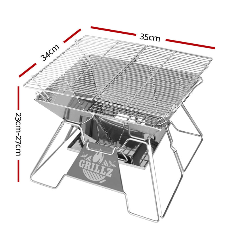 Portable stainless steel folding barbecue grill with labeled dimensions for Grillz Ultra Compact 2-in-1 camping