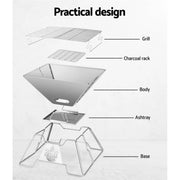 Exploded view diagram of Grillz Ultra Compact 2-in-1 camping fire pit and BBQ components