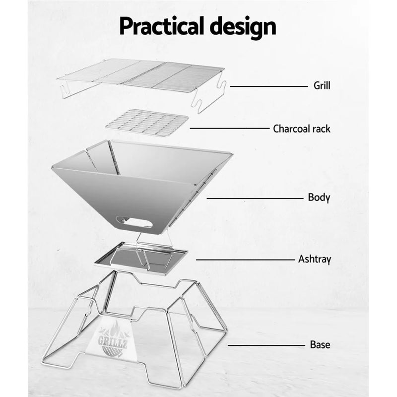 Exploded view diagram of Grillz Ultra Compact 2-in-1 camping fire pit and BBQ components
