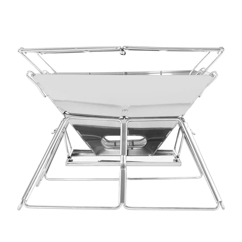 Portable folding grill with white cooking surface and metal frame for compact 2-in-1 camping