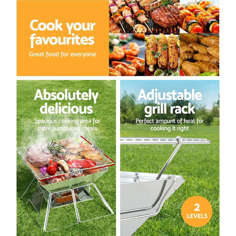 Portable outdoor grill with adjustable rack for barbecuing, part of Grillz Ultra Compact 2-in-1 Camping Fire Pit and BBQ