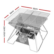 Portable stainless steel folding barbecue grill with labeled dimensions for Grillz Ultra Compact 2-in-1 camping