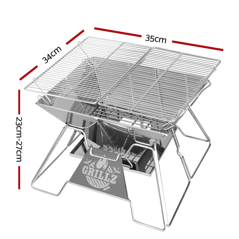 Portable stainless steel folding barbecue grill with labeled dimensions for Grillz Ultra Compact 2-in-1 camping