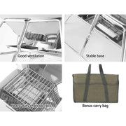 Portable compact 2-in-1 camping stove and grill with multiple features shown