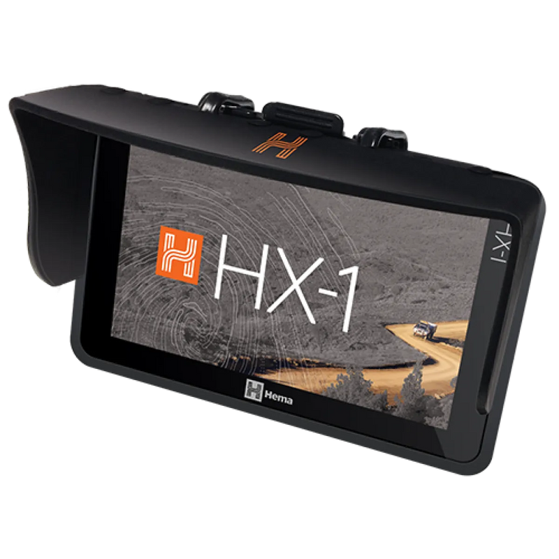Hema HX Navigator GPS Sun Visor with portable device displaying HX-1 and landscape