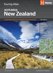 Hema New Zealand Touring Atlas cover showcasing scenic mountain landscape in Aotearoa