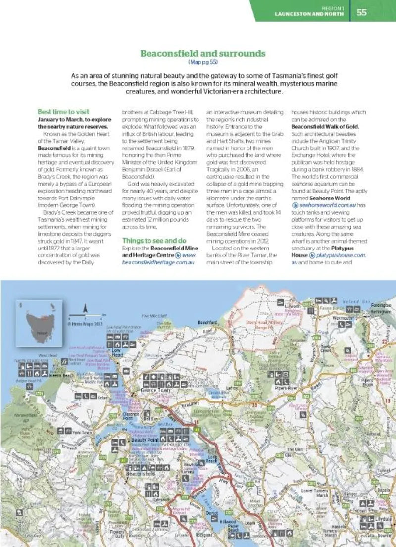 Map of Beaconsfield and Cornwall for best walking and 4WD trips in Tasmania Atlas