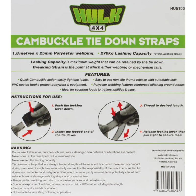 Hulk Cambuckle Tiedown Straps | Pack of 2 - Tie Down Straps