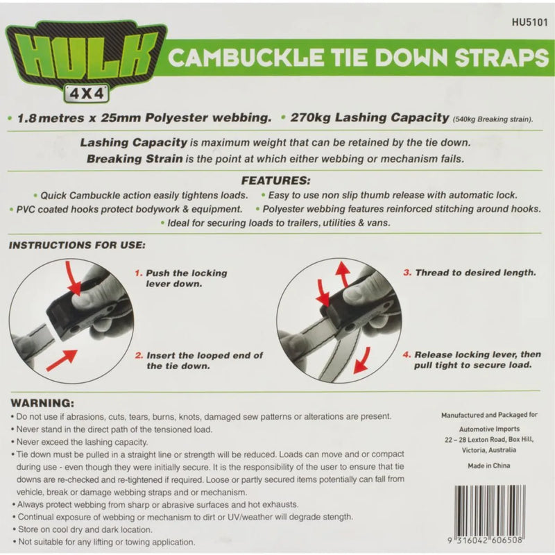 Hulk Cambuckle Tiedown Straps | Pack of 4 - Tie Down Straps