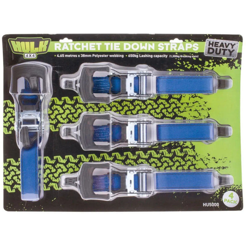Hulk Heavy Duty Ratchet Tie Down Straps | Pack of 4 - Tie Down Straps