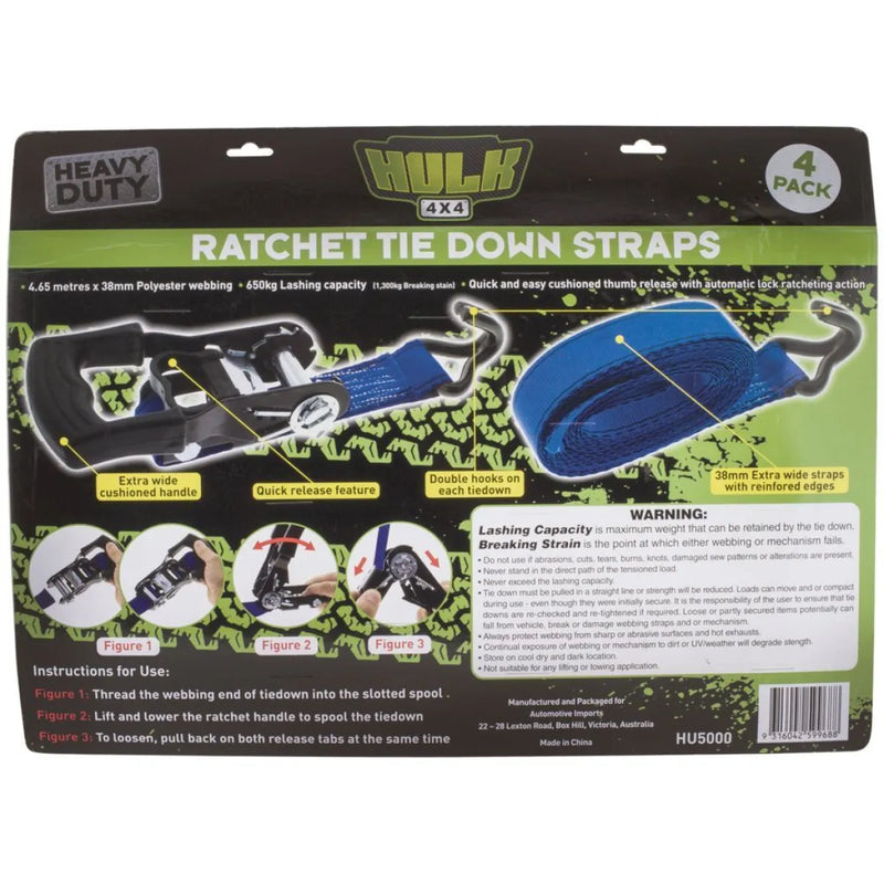 Hulk Heavy Duty Ratchet Tie Down Straps | Pack of 4 - Tie Down Straps