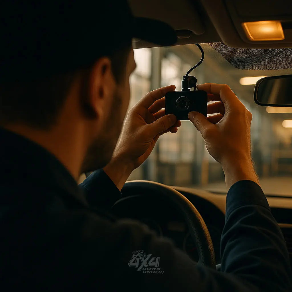 Technician from behind installing dash cam.