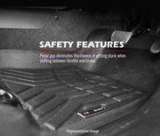 Car floor mats with safety feature text overlay highlighting pedal gap design for Isuzu D-MAX 2021+