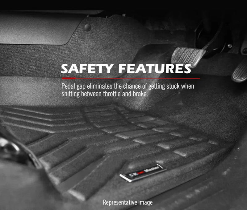 Car floor mats with safety feature text overlay highlighting pedal gap design for Isuzu D-MAX 2021+