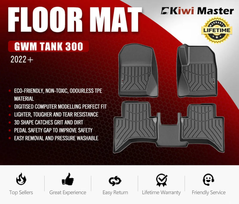 GWM Tank 300 floor mats Kiwi Master® set of four black molded rubber with raised edges