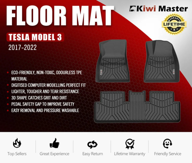 Kiwi Master 3D Car Floor Mats Liner Fit Tesla Model 3 | 2017 - 2022 - Car Floor Mats